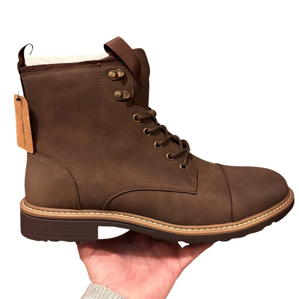 Vostey Milan Men's Dark Brown Synthetic Leather Lace Up Cap Toe Boots 11.5 NEW